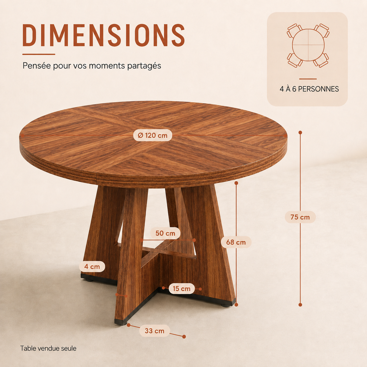 Table à manger ronde Orména, 120 cm, 4 à 6 places